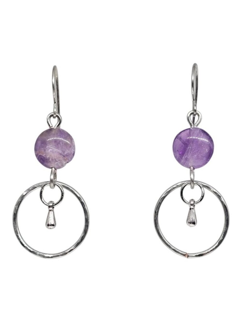 Handmade Purple Amethyst Gemstone Beaded Silver Hoop Dangle Boho Earrings